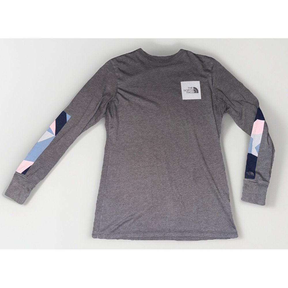 The North Face Gray Long Sleeve Tee with Pink & Blue Sleeve Accents